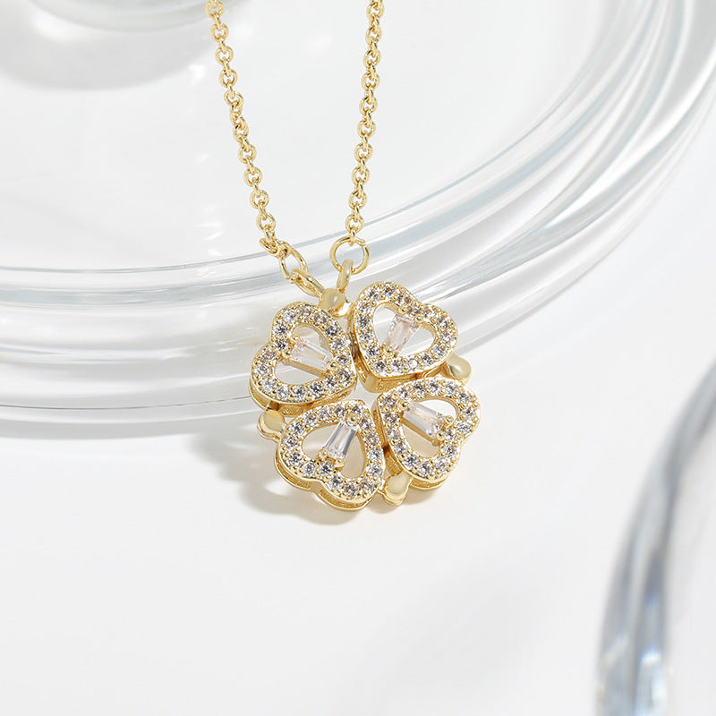 Two-Wearing Love Flower Pendant Heart-to-Heart Niche Design Sense One-Style Multi-Wearing Heart-Shaped Four-leaf Clover Necklace